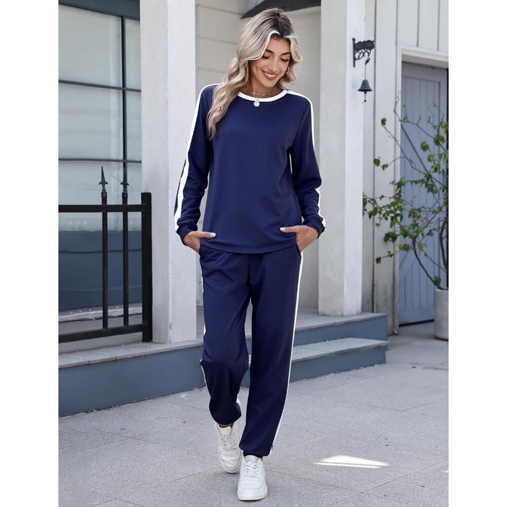 Women Long Sleeve Tracksuit 2 Piece Set Cotton Polyester Spandex Lounge - Picture 5 of 8